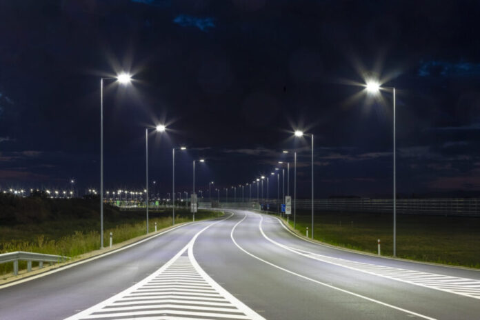night empty road with modern LED street lights